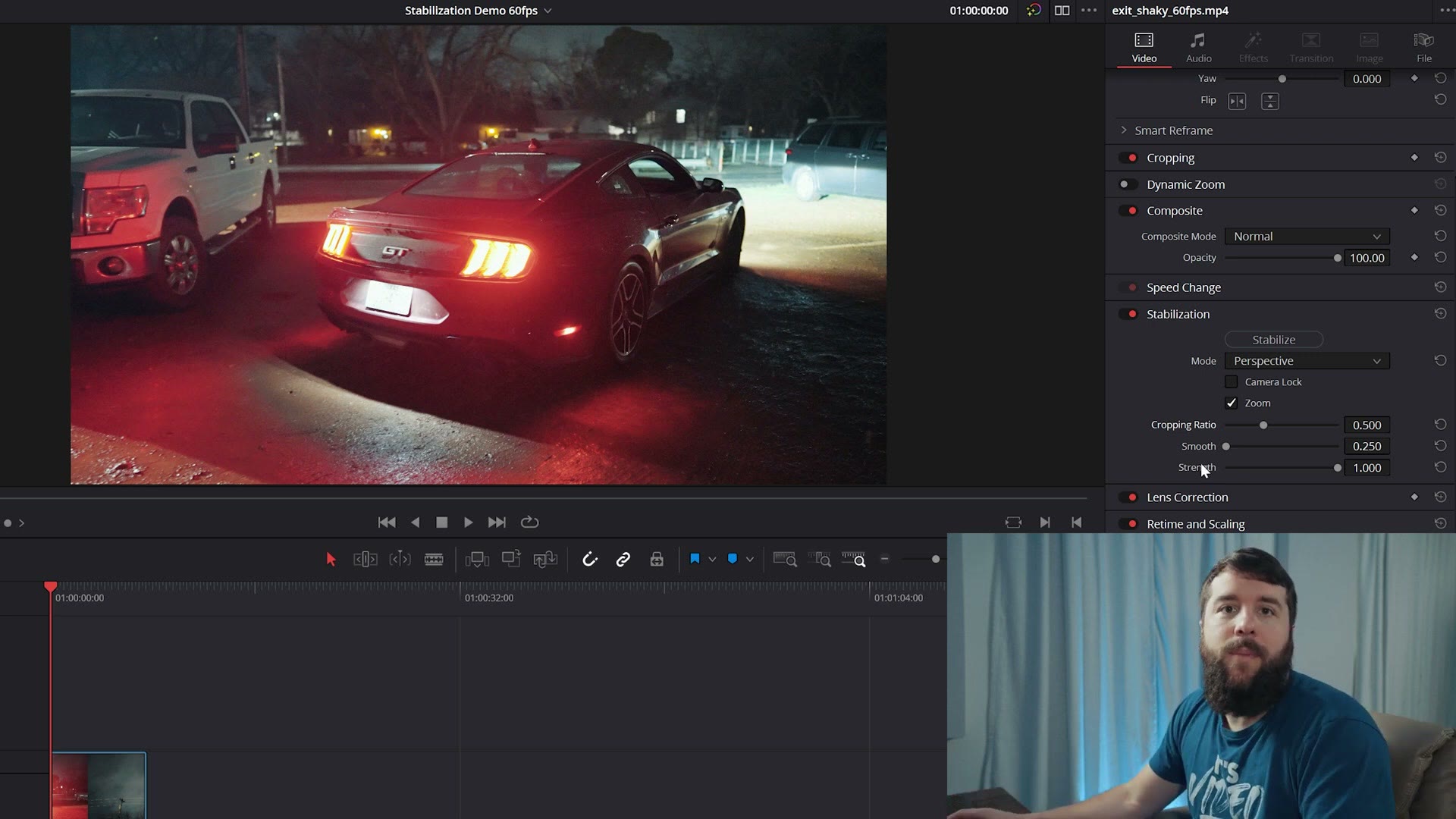 The Smooth and Strength sliders in the DaVinci Resolve stabilization panel