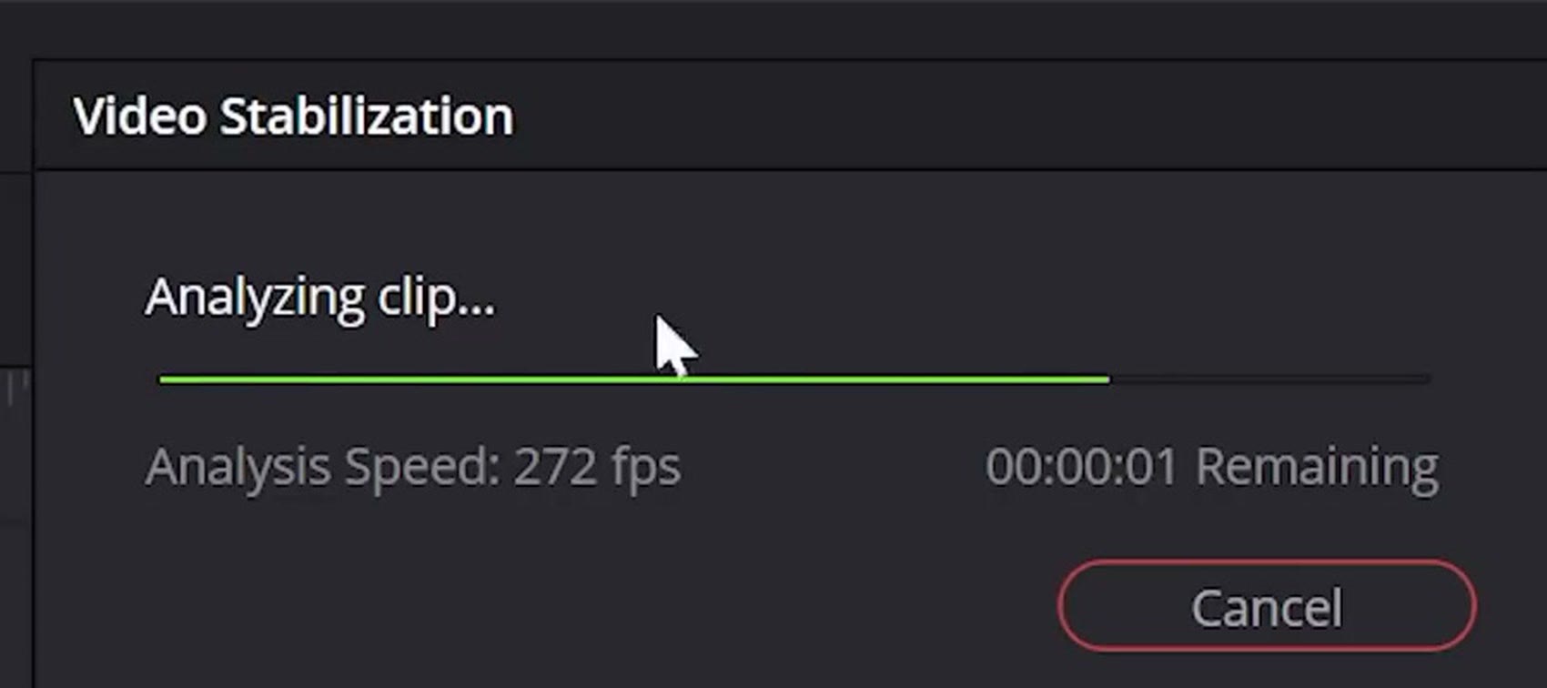A DaVinci Resolve Video Stabilization dialog reading Analyzing clip with an analysis speed of 272 fps and one second remaining