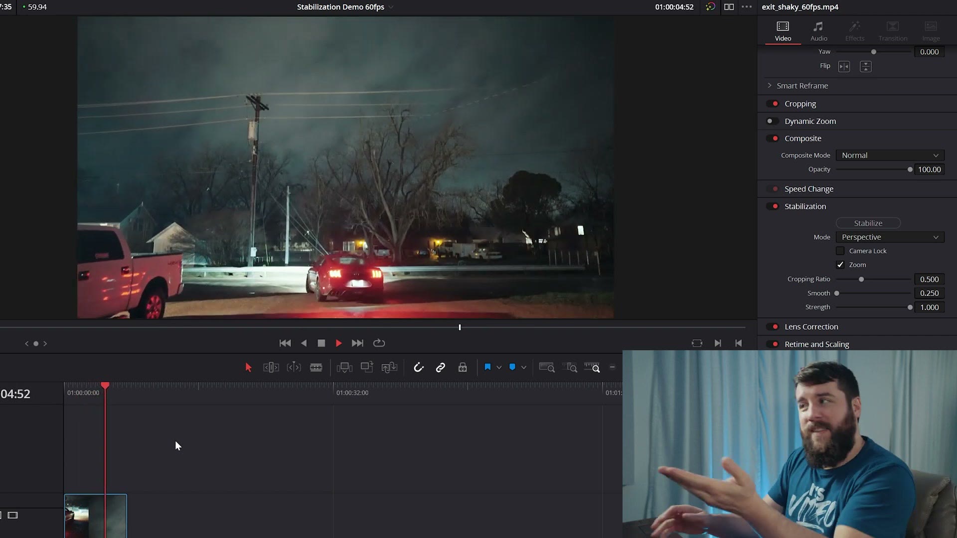 A shaky night clip in DaVinci Resolve with the Stabilization panel open in the Inspector