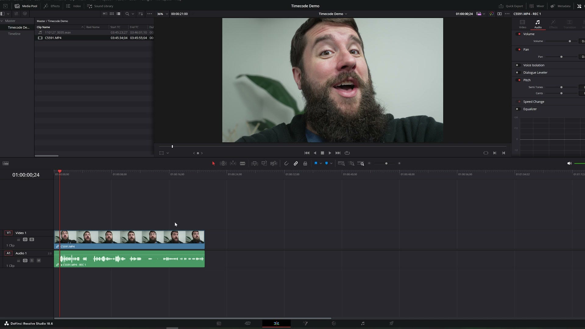 A DaVinci Resolve timeline showing the video clip and the separately recorded audio perfectly aligned