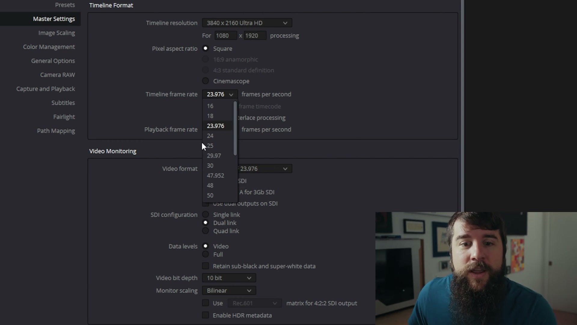 The DaVinci Resolve timeline frame rate dropdown set to 23.976