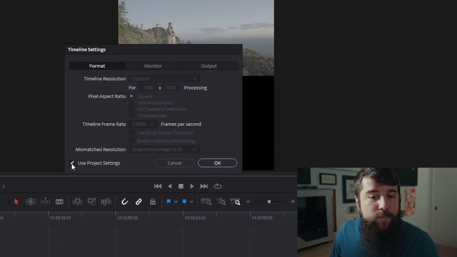 The DaVinci Resolve Timeline Settings dialog with Use Project Settings unchecked