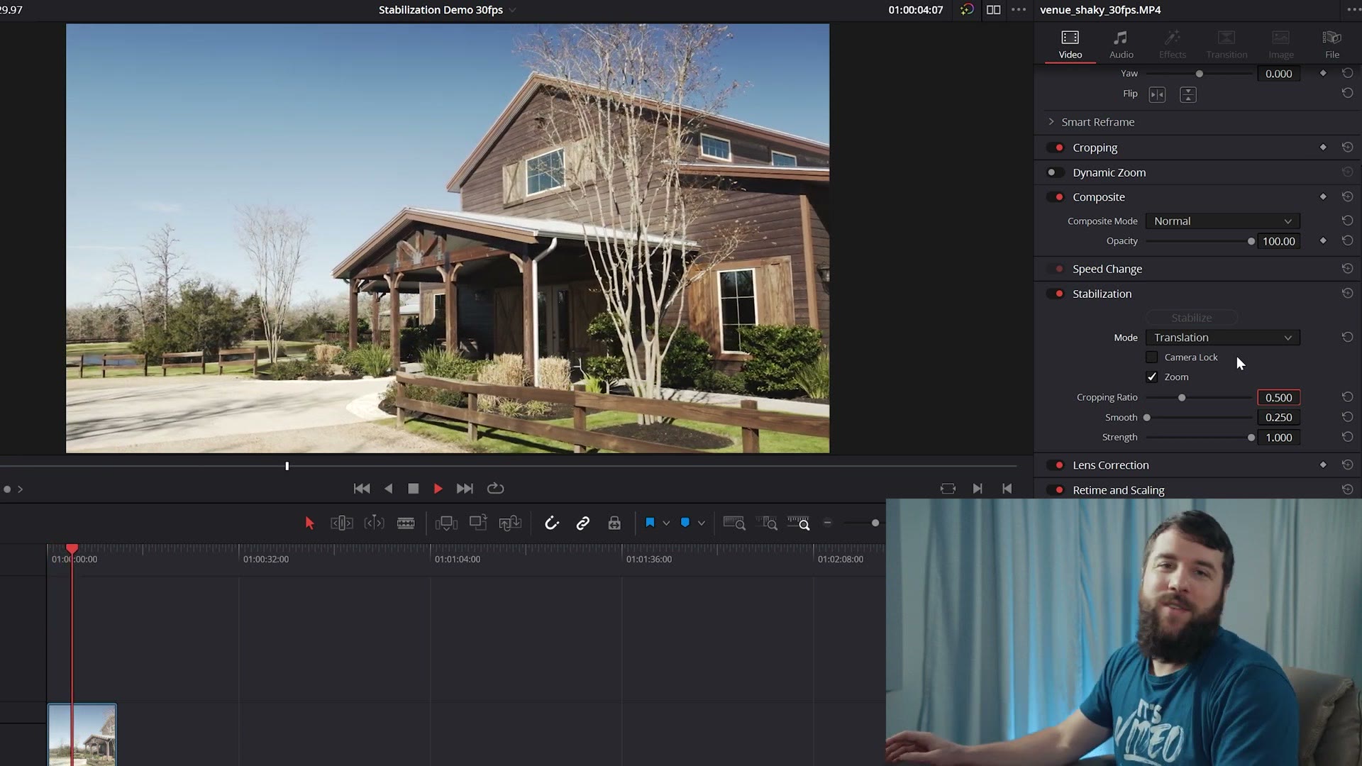 The barn venue shot after Translation stabilization in DaVinci Resolve