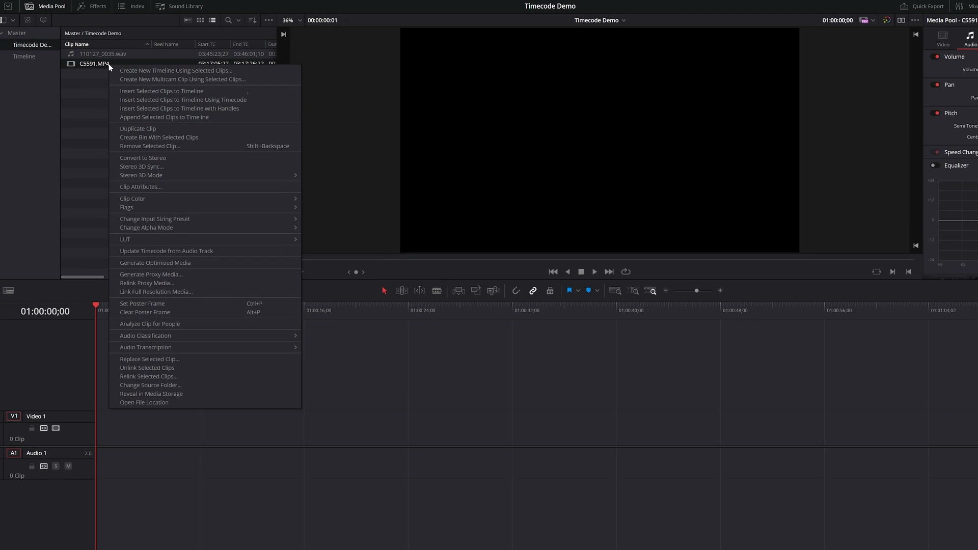 The DaVinci Resolve media pool right click menu with Update Timecode from Audio Track highlighted