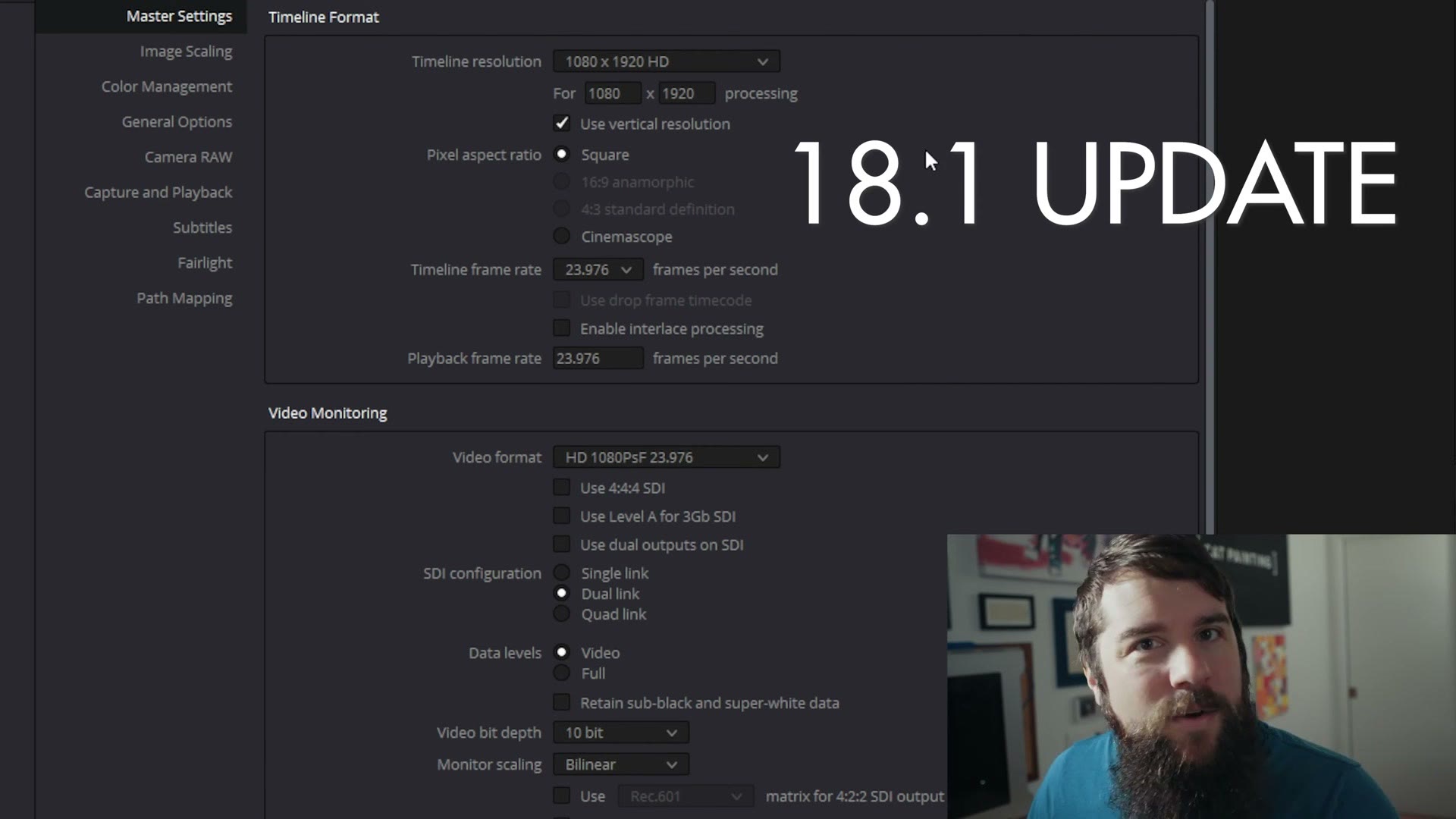 The DaVinci Resolve Master Settings page with a Use vertical resolution checkbox highlighted