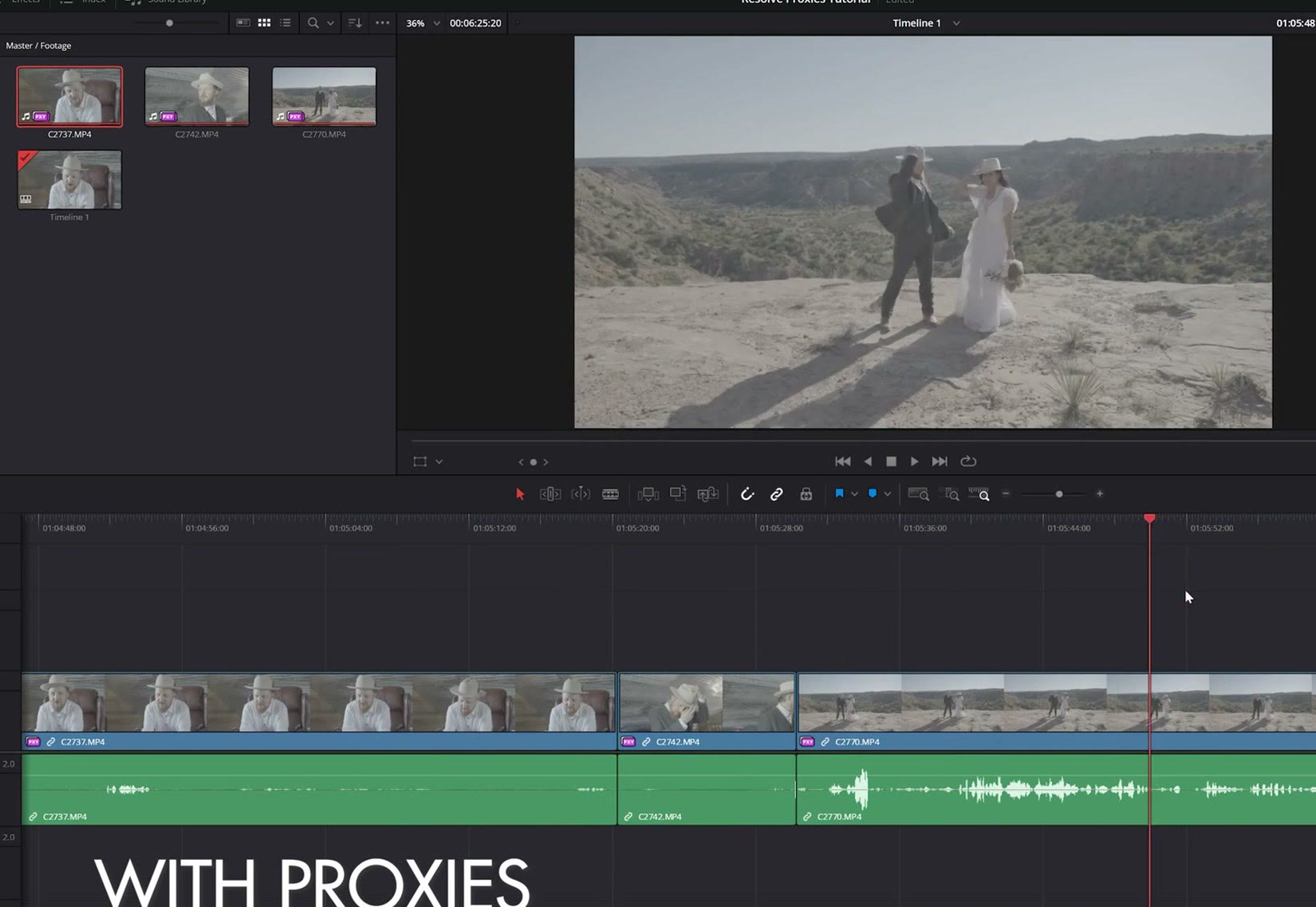 DaVinci Resolve timeline labeled With Proxies
