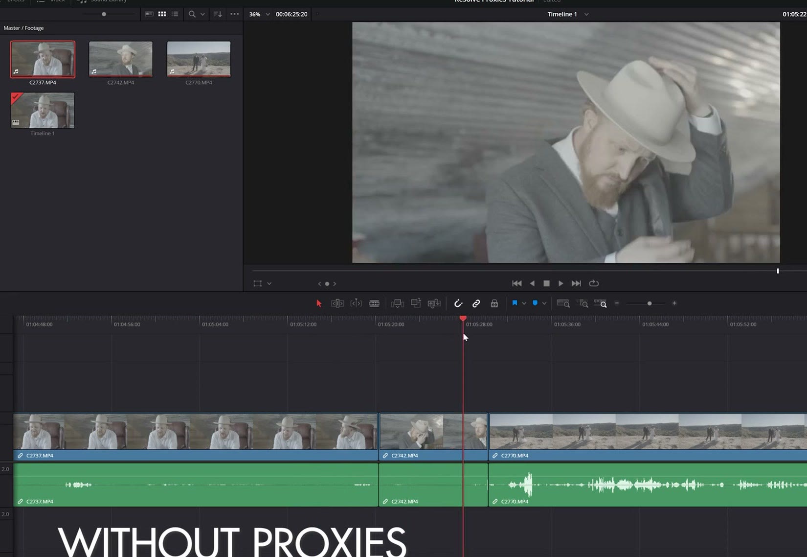 DaVinci Resolve timeline labeled Without Proxies