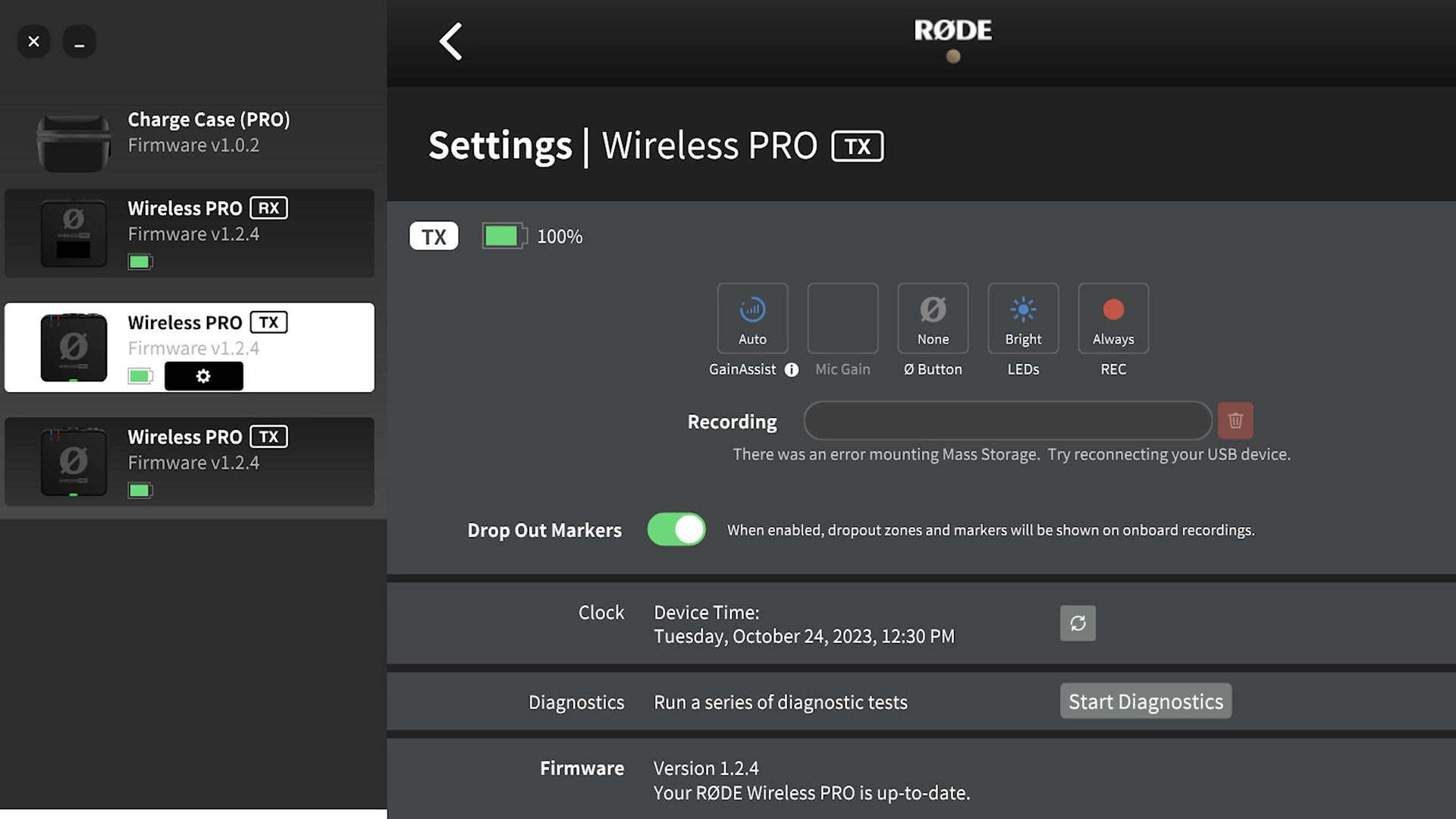 RODE Central app showing the Wireless PRO settings panel