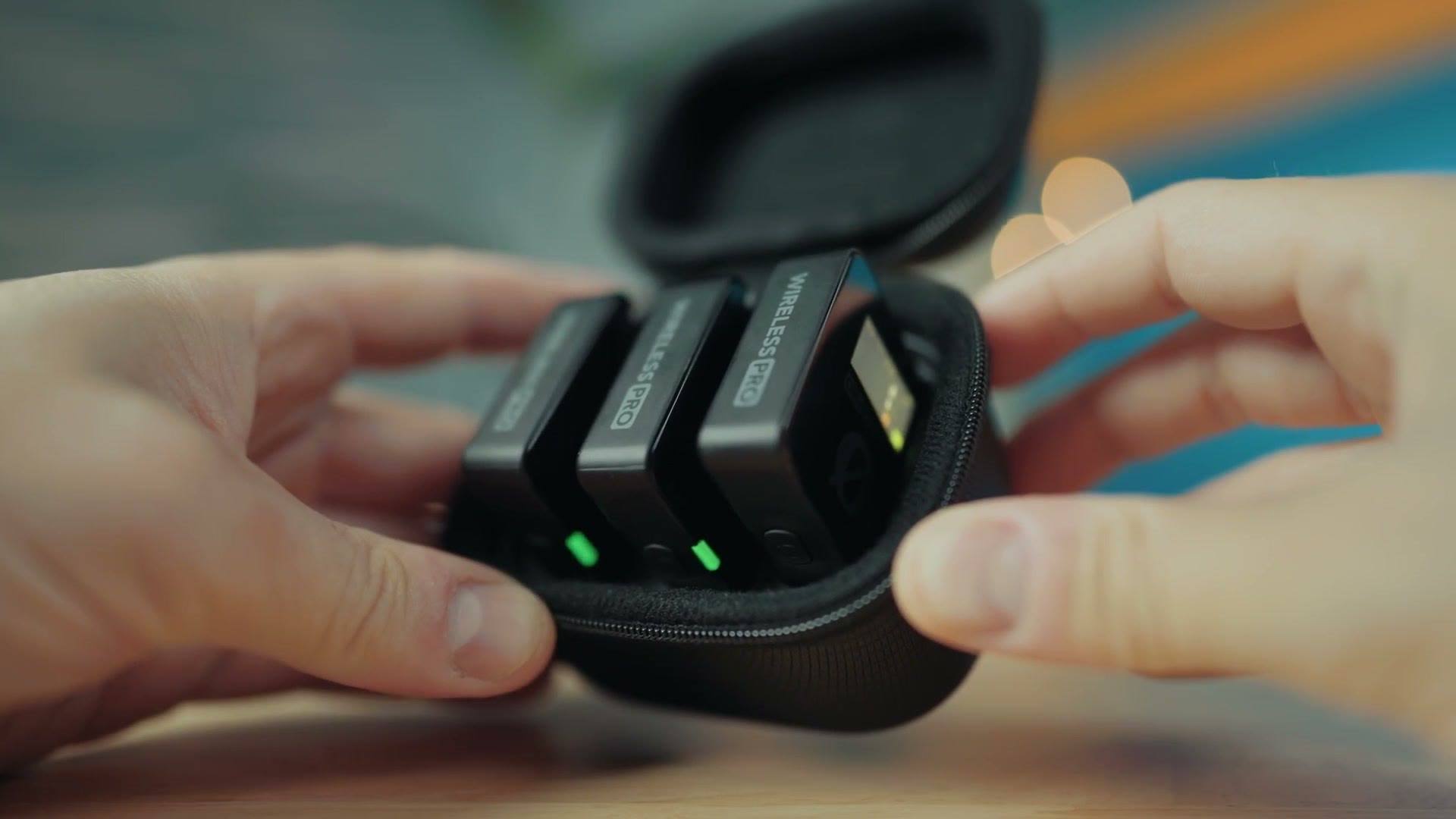 The Rode Wireless PRO accessories case open showing lav mics, cables and windscreens