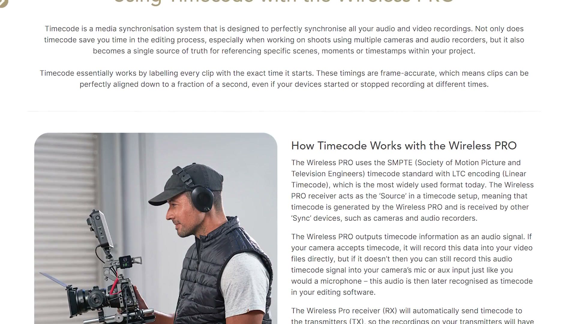 Rode's website guide explaining how timecode works with the Wireless PRO