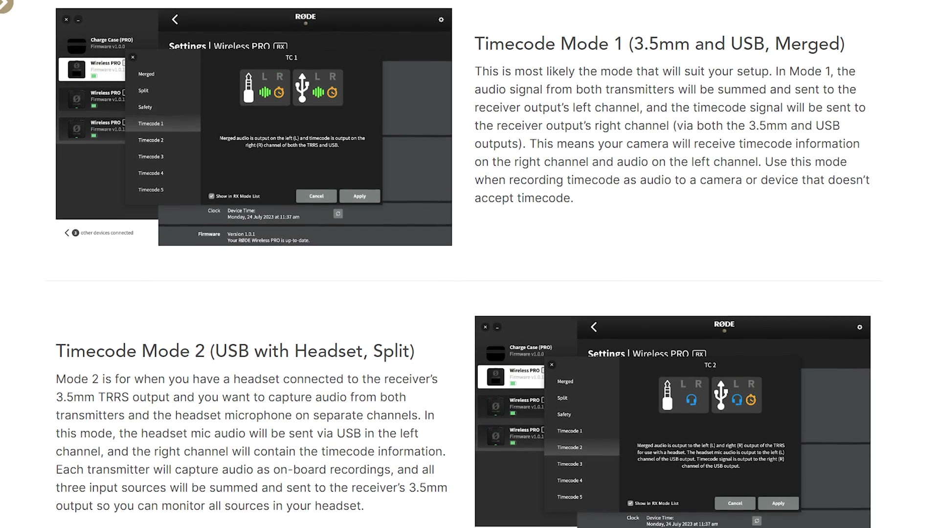 Rode's documentation showing Timecode Mode 1 for 3.5mm and USB merged and Timecode Mode 2 for USB with headset split