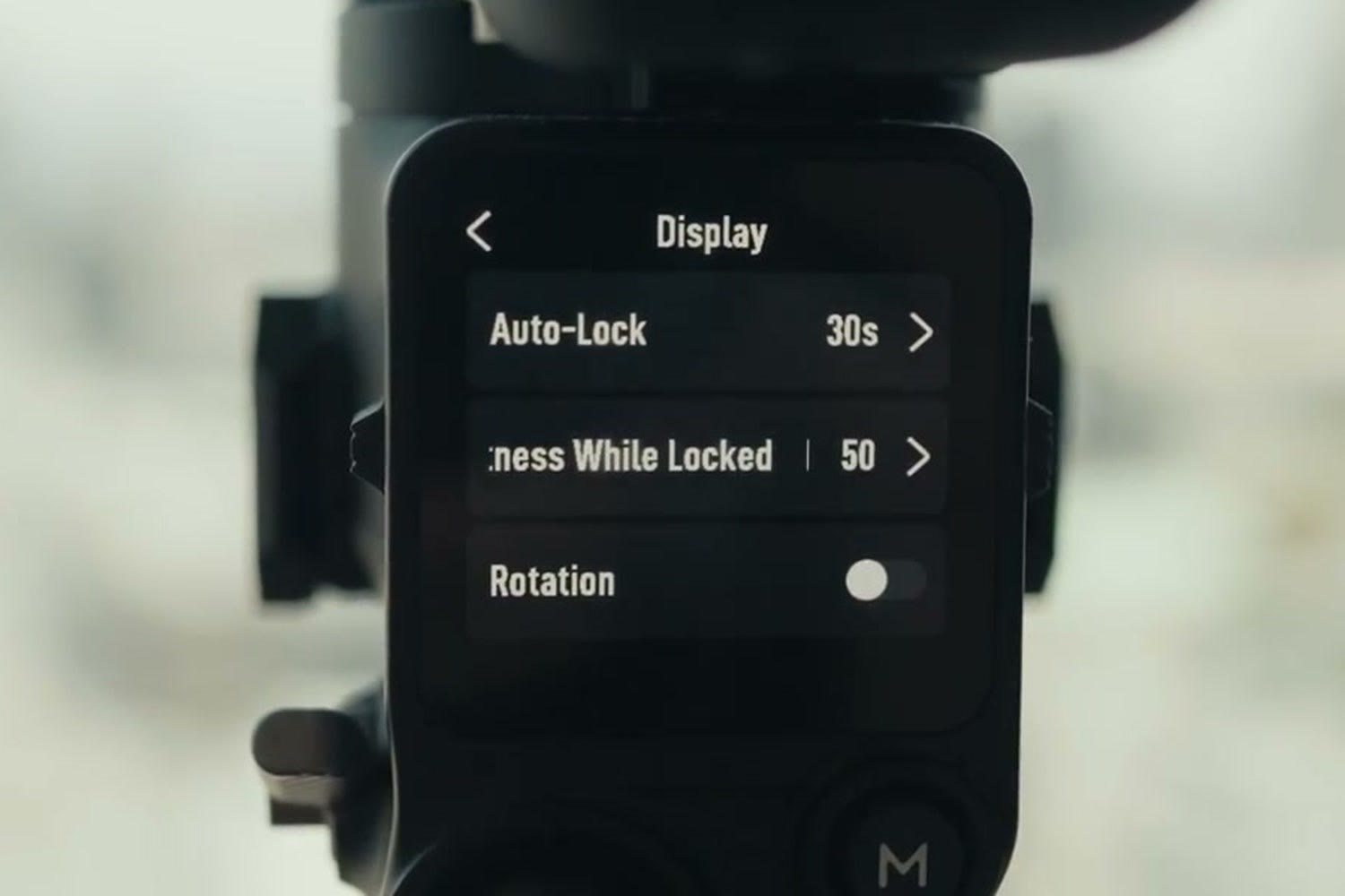 DJI RS4 Pro display menu showing Auto-Lock set to 30 seconds