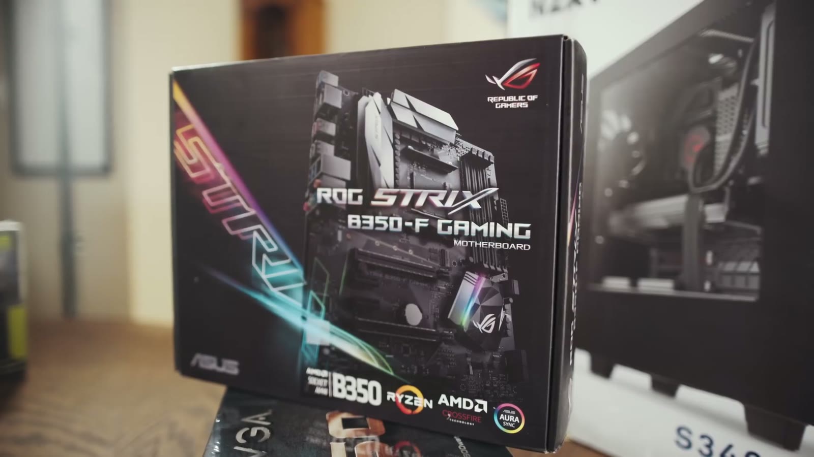 Close-up of the ASUS ROG Strix B350-F Gaming motherboard box