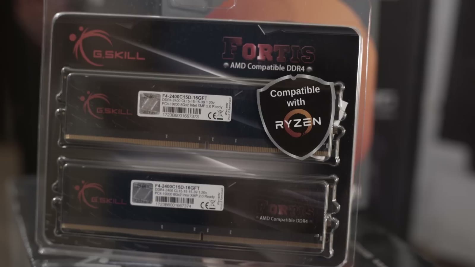 Two G.Skill Fortis DDR4 RAM sticks in their blister pack, badged 'Compatible with Ryzen'