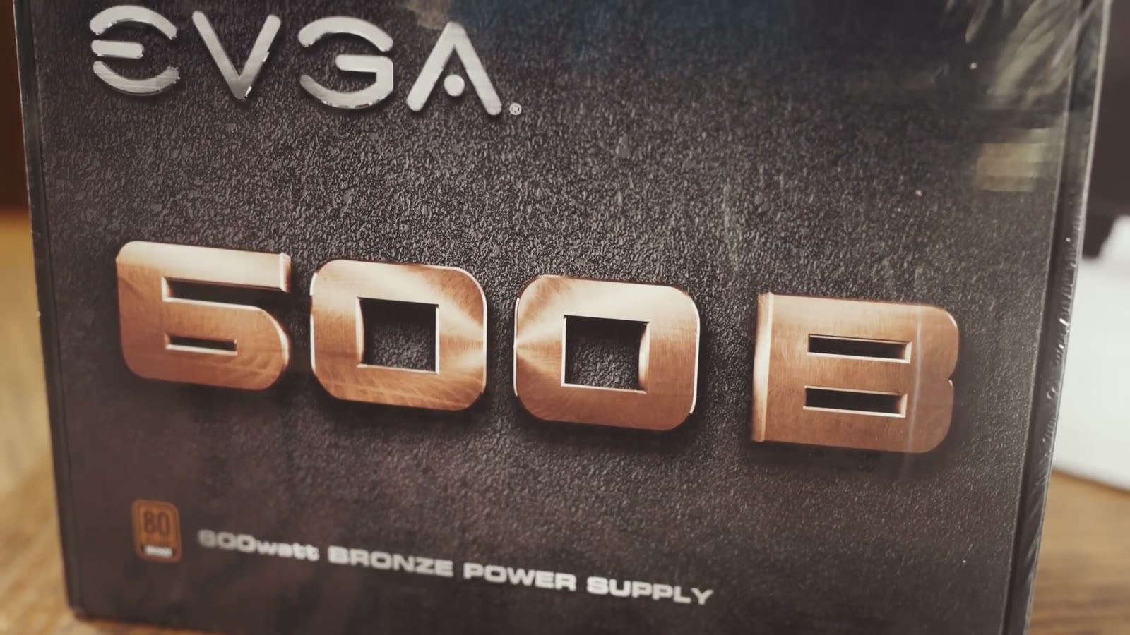 Close-up of the EVGA 600 B1 600-watt Bronze power supply box lettering