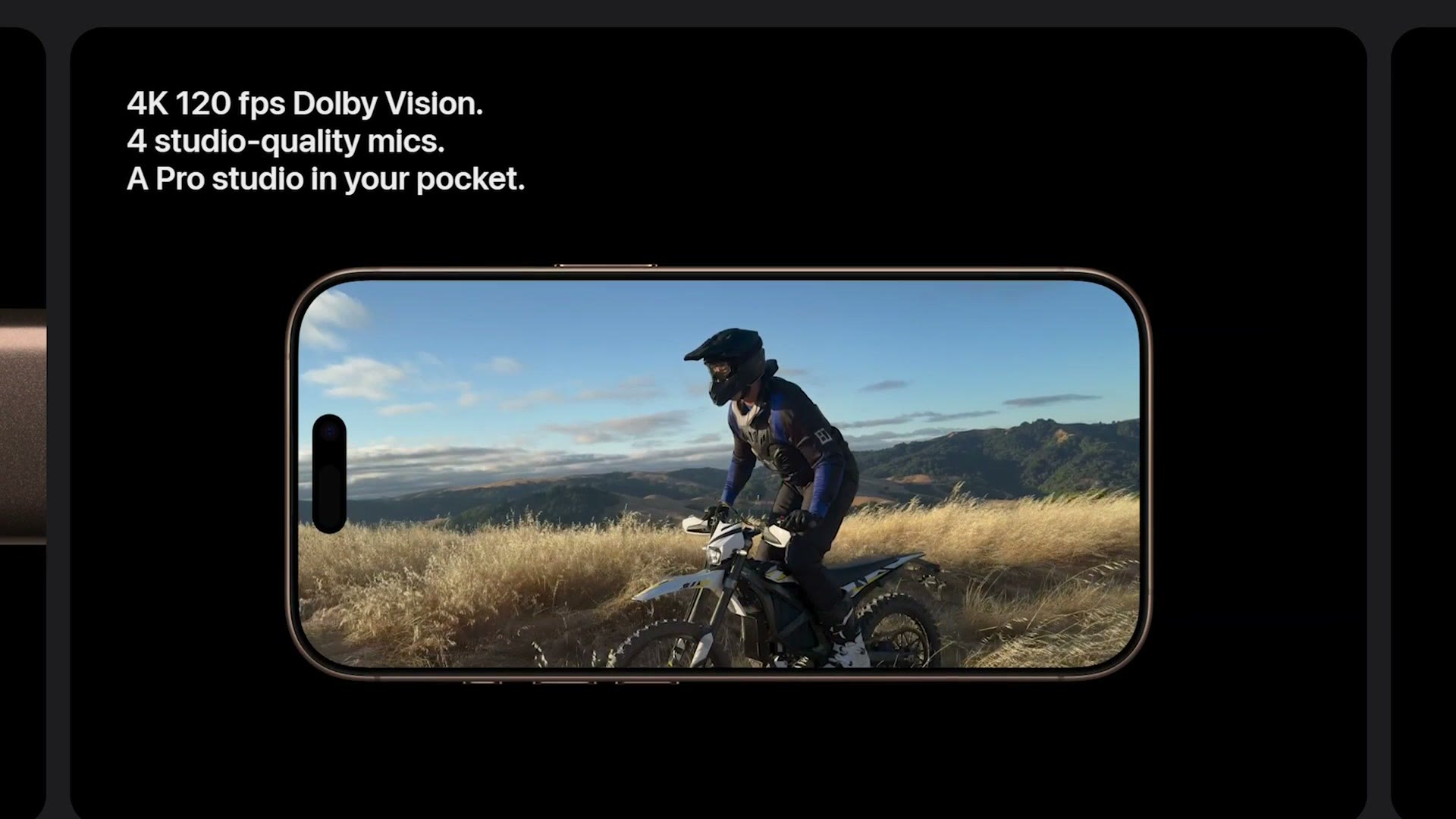Apple marketing slide reading 4K 120 fps Dolby Vision and 4 studio-quality mics