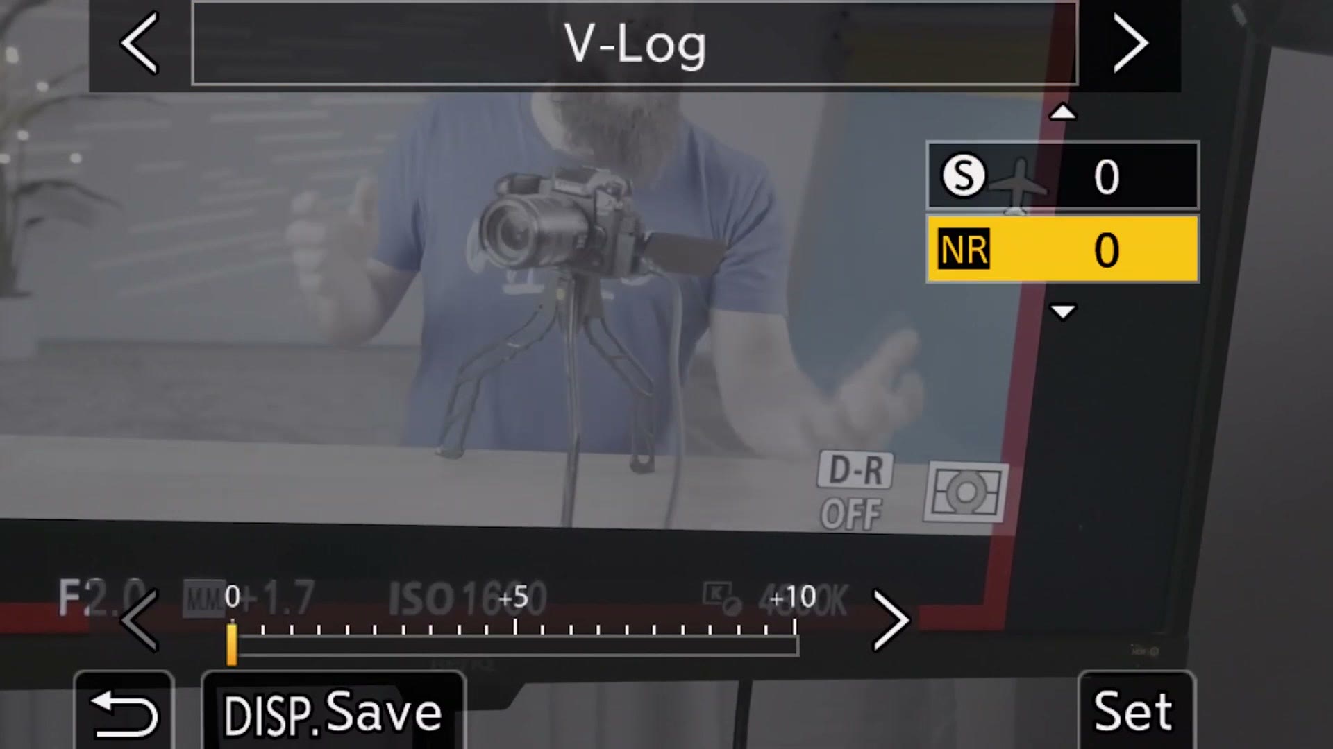 Panasonic GH7 Photo Style menu with V-Log selected and sharpness and NR set to zero