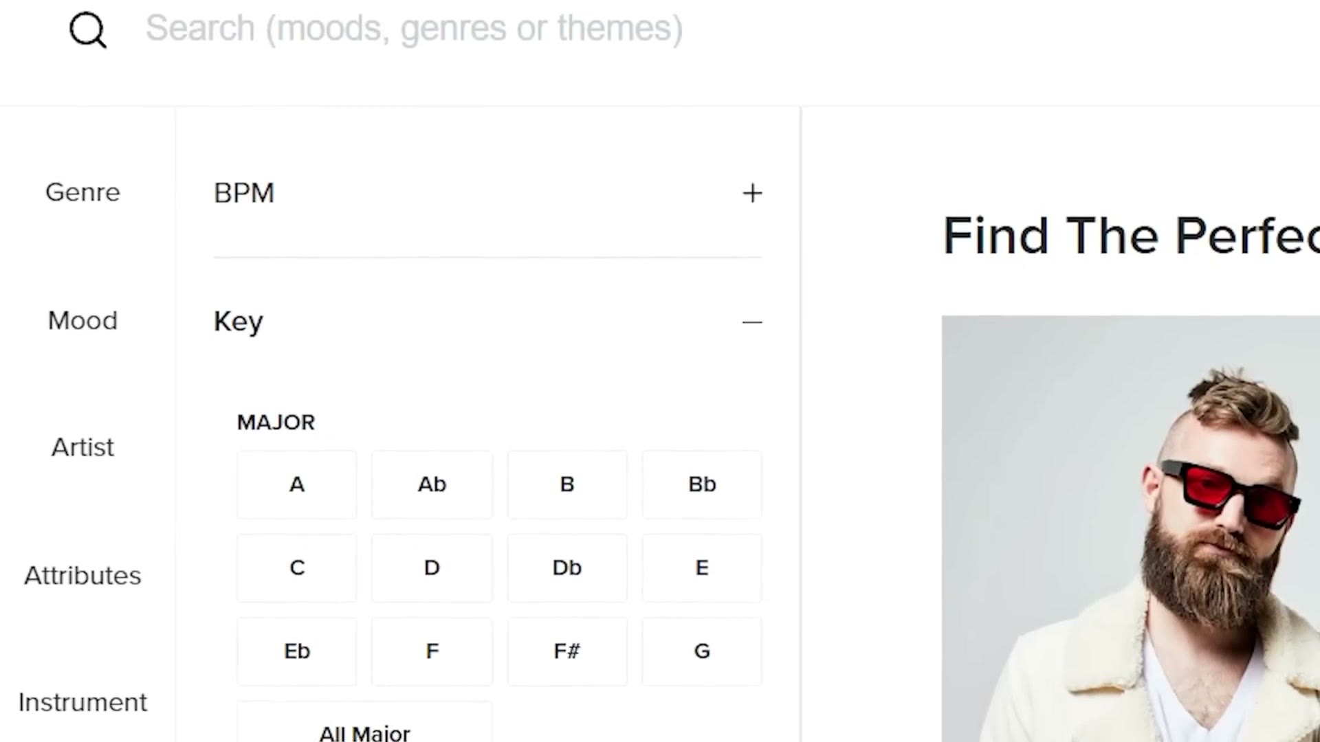 Musicbed advanced search panel showing major and minor key options