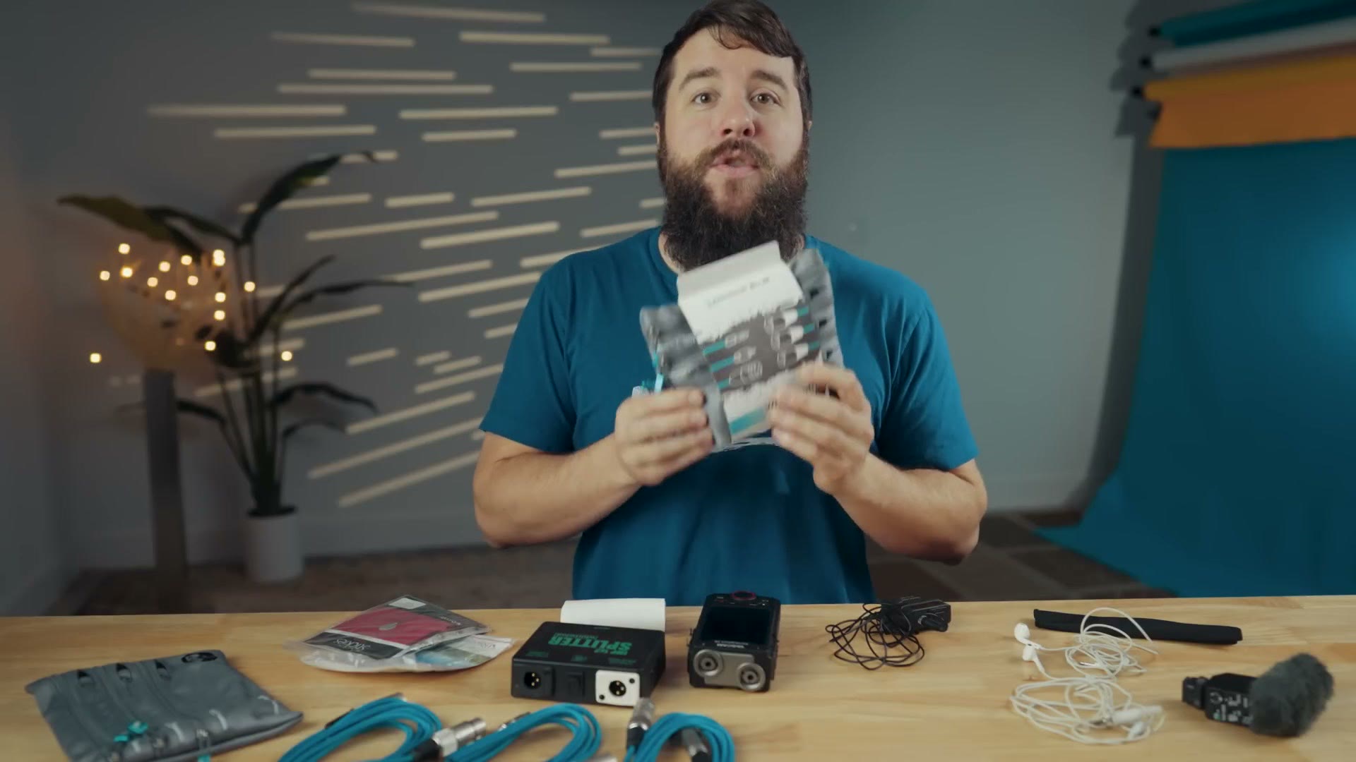 The WhoisMatt Kondor Blue audio cable pack held up to camera