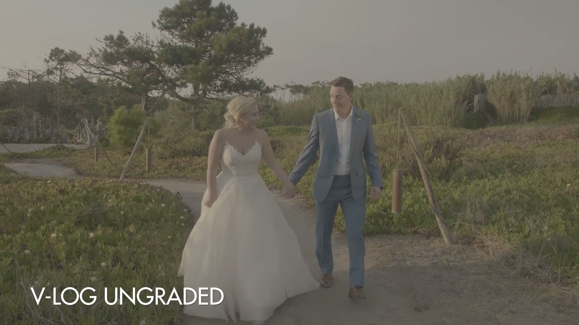 Ungraded flat V-Log frame of a bride and groom walking