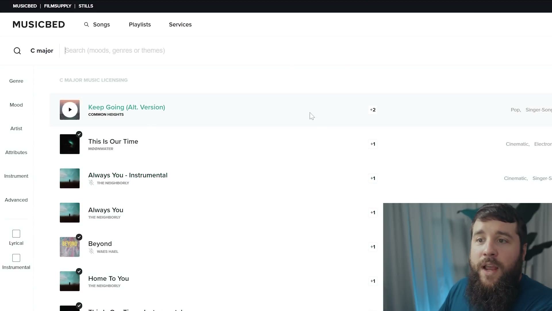 Musicbed search results filtered to songs in the key of C major