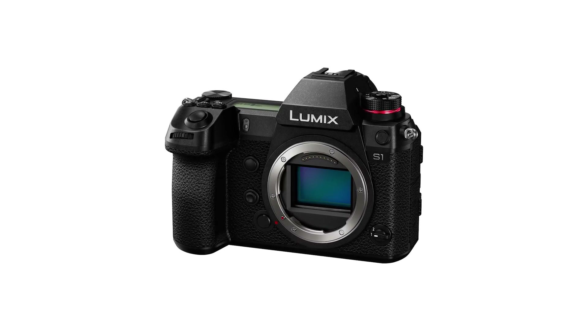 Panasonic Lumix S1 camera body front view with no lens attached, showing the full frame sensor