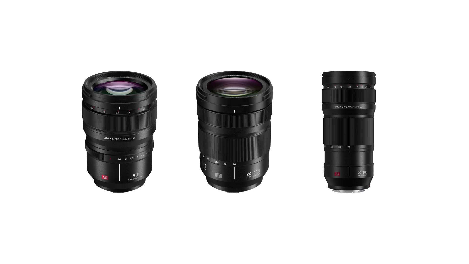 The three new Panasonic L-mount lenses lined up: a 50mm f1.4, a 24-105mm f4 and a 70-200mm f4