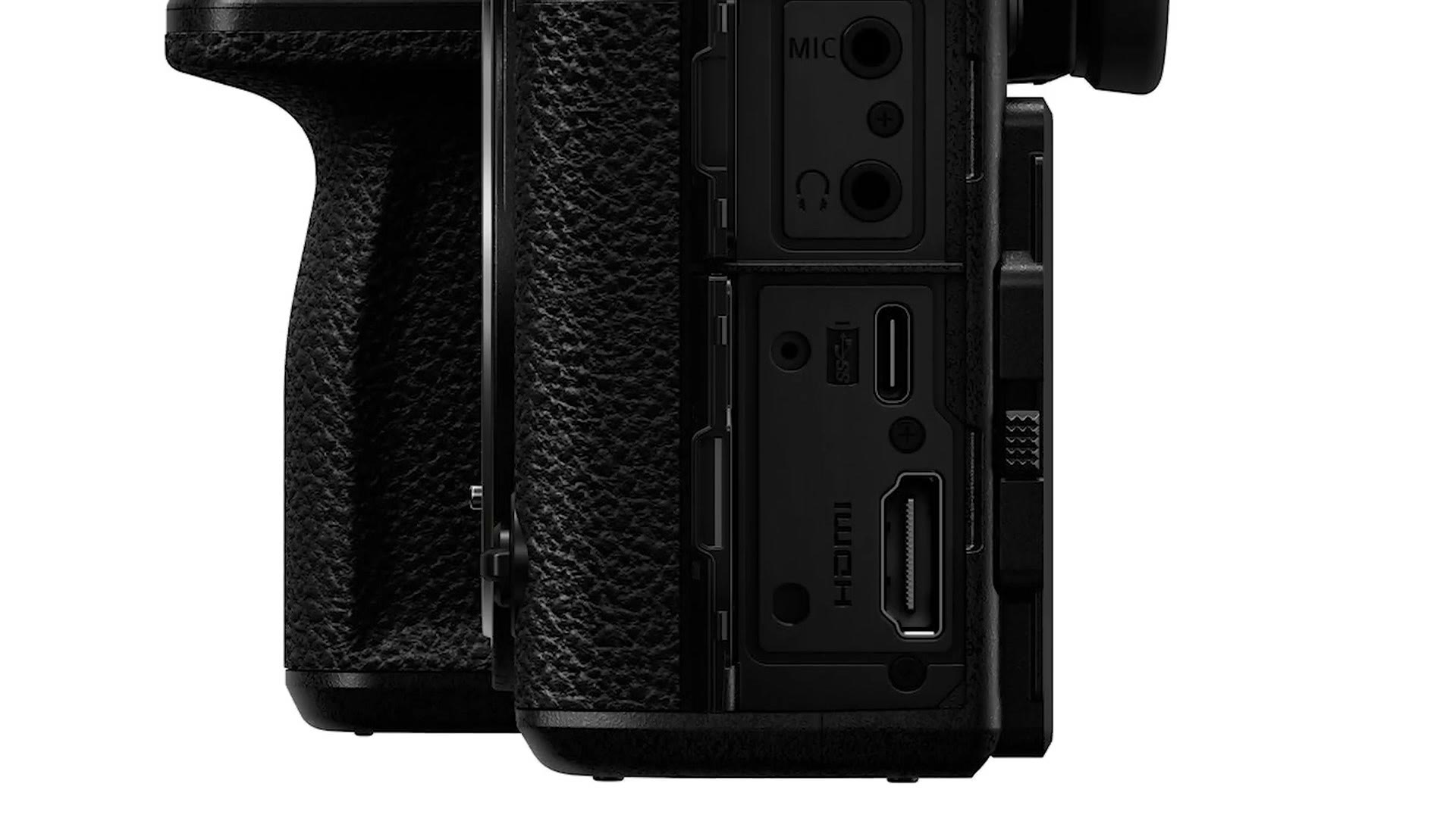 Close up of the Panasonic S1 port door showing microphone, headphone, USB-C and HDMI connectors