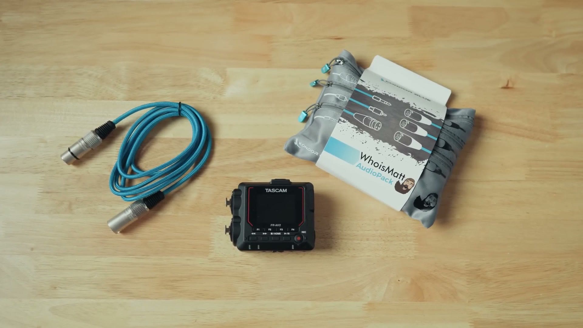 Kondor Blue whoismatt audio cable pack laid out next to the Tascam FR-AV2
