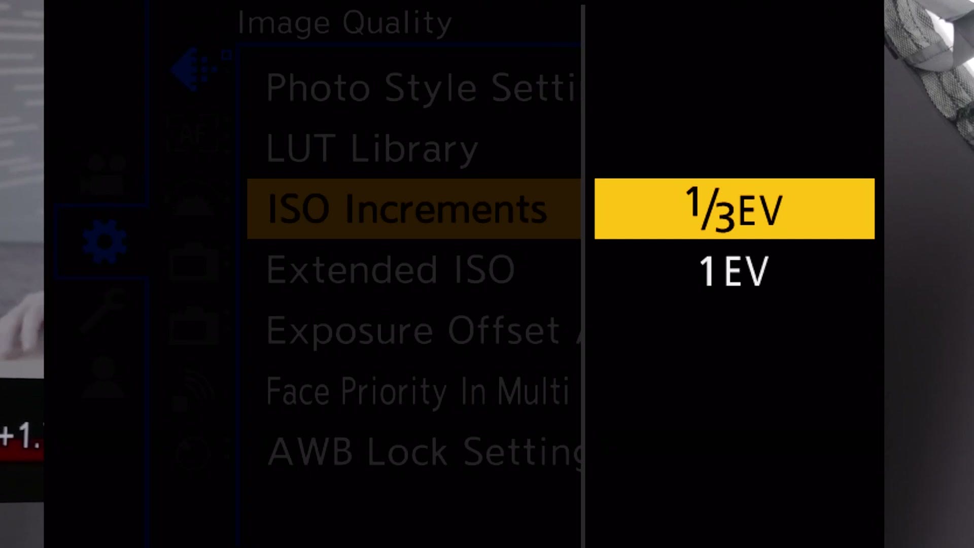Panasonic Image Quality menu with ISO Increments set to one third EV