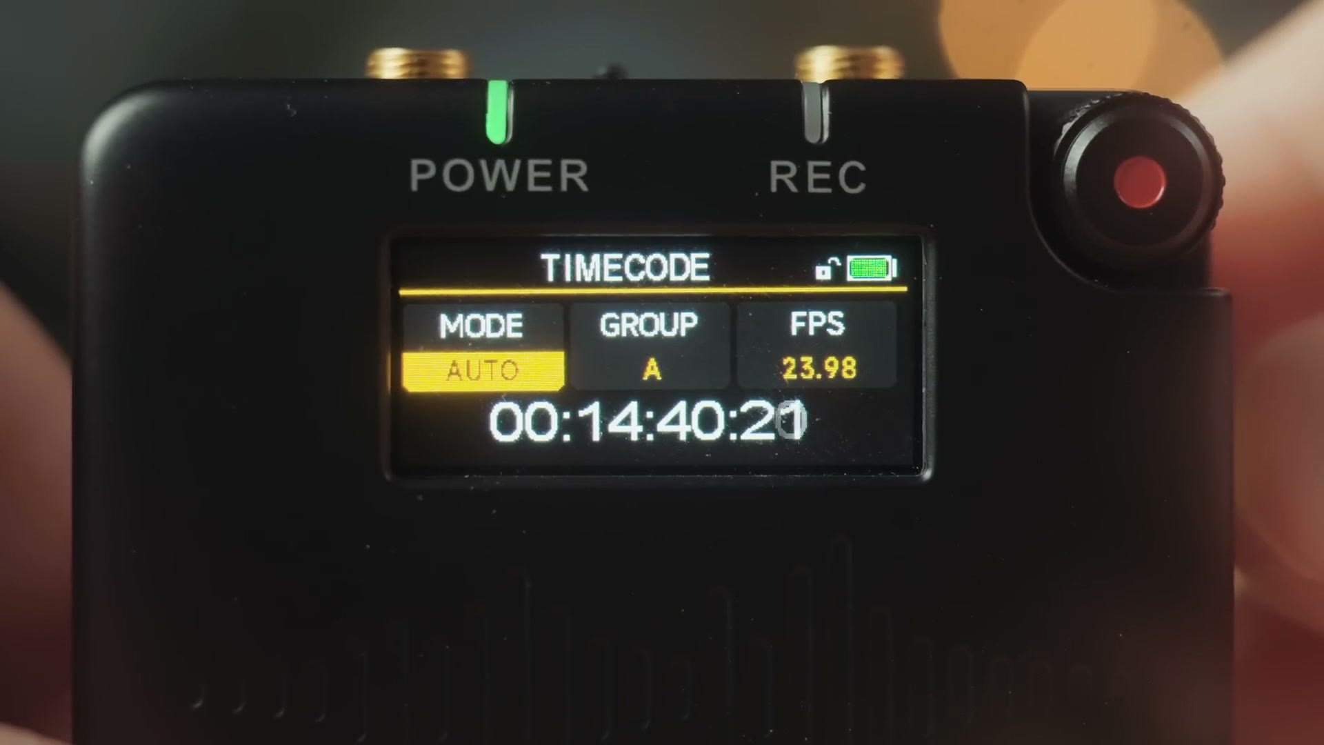 Deity PR-2 timecode menu showing mode auto, group A, and 23.98 fps