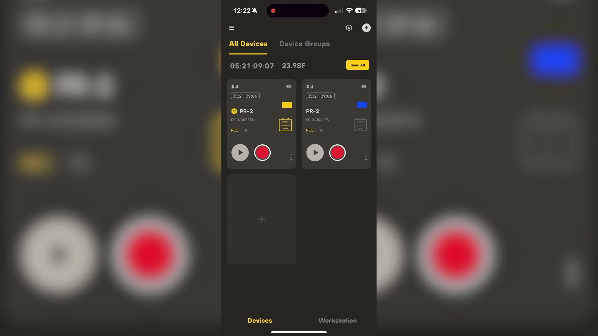 Sidus Audio app on a phone listing two connected Deity PR-2 recorders