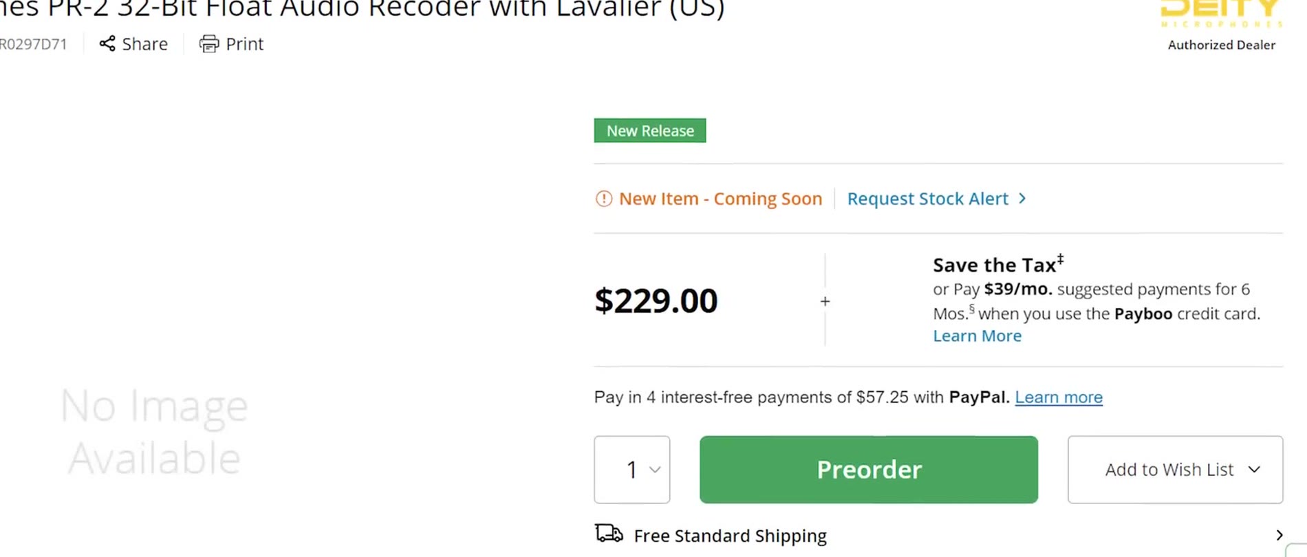 B and H product page for the Deity PR-2 32-bit float recorder with lavalier priced at 229 dollars