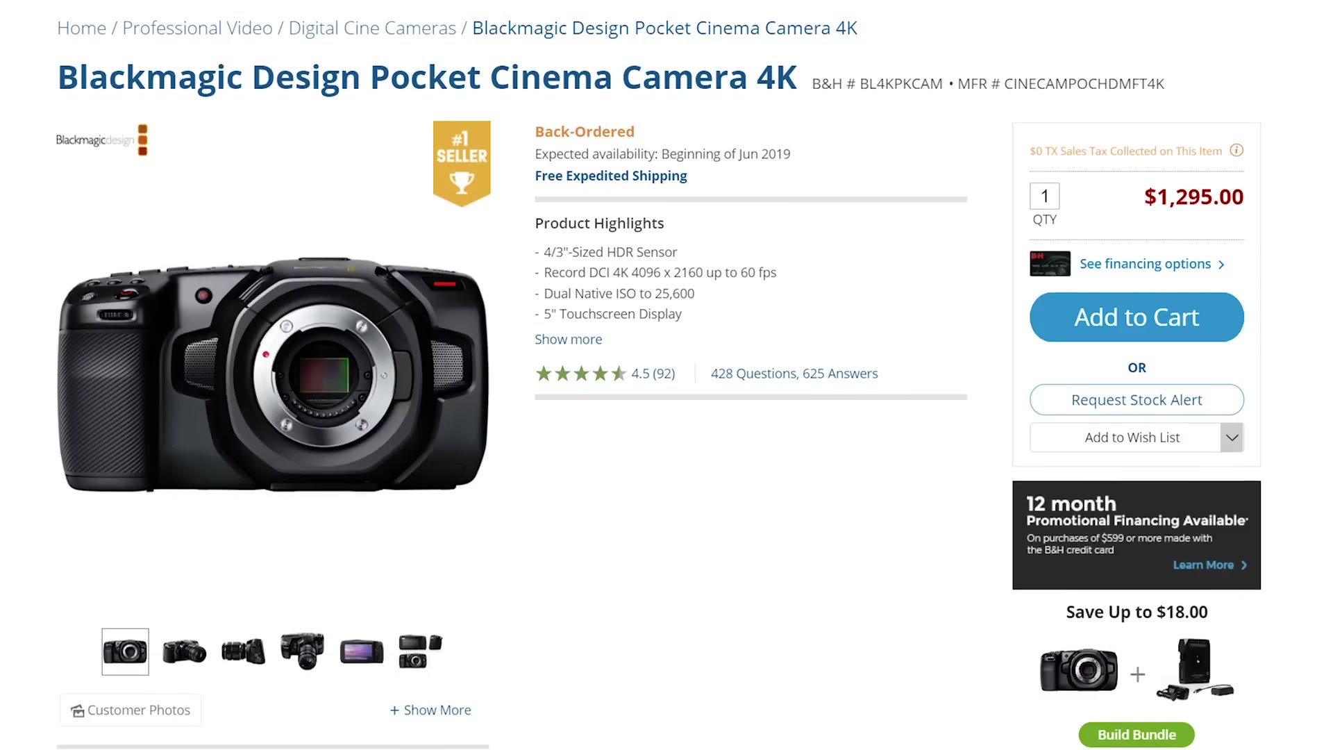 B&H product page for the Blackmagic Design Pocket Cinema Camera 4K priced at $1,295