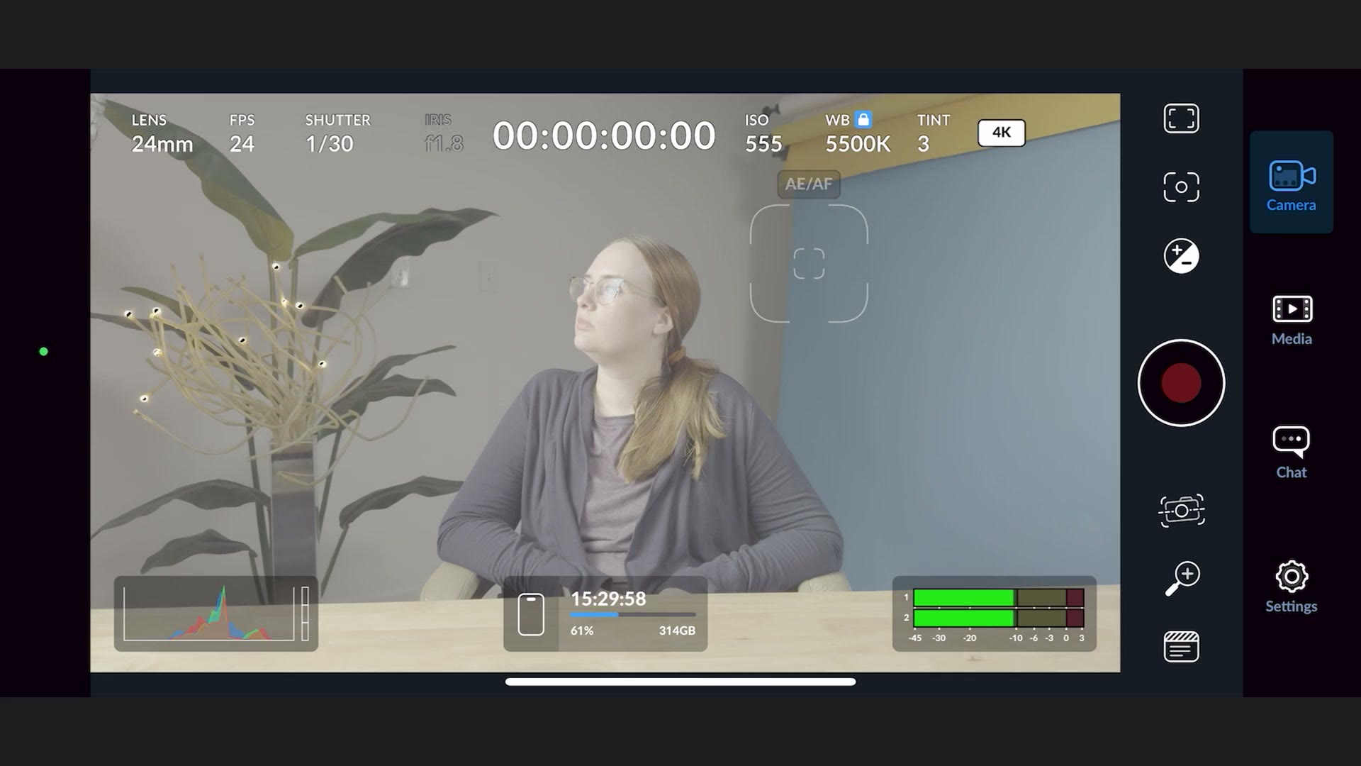Blackmagic Camera app recording interface running on an iPhone