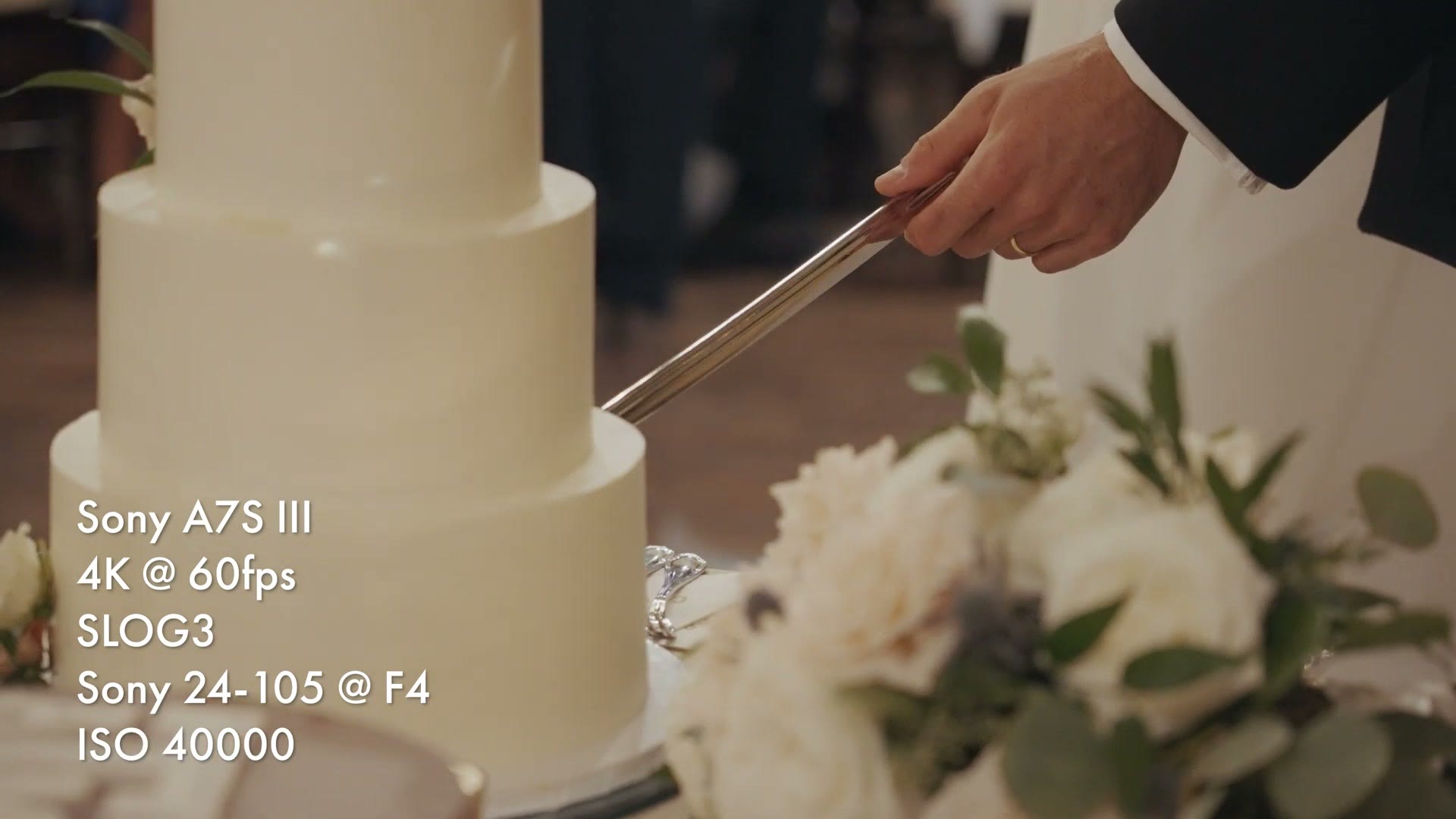 Wedding cake cutting shot on a Sony a7S III with a 24-105 f4 at ISO 40000