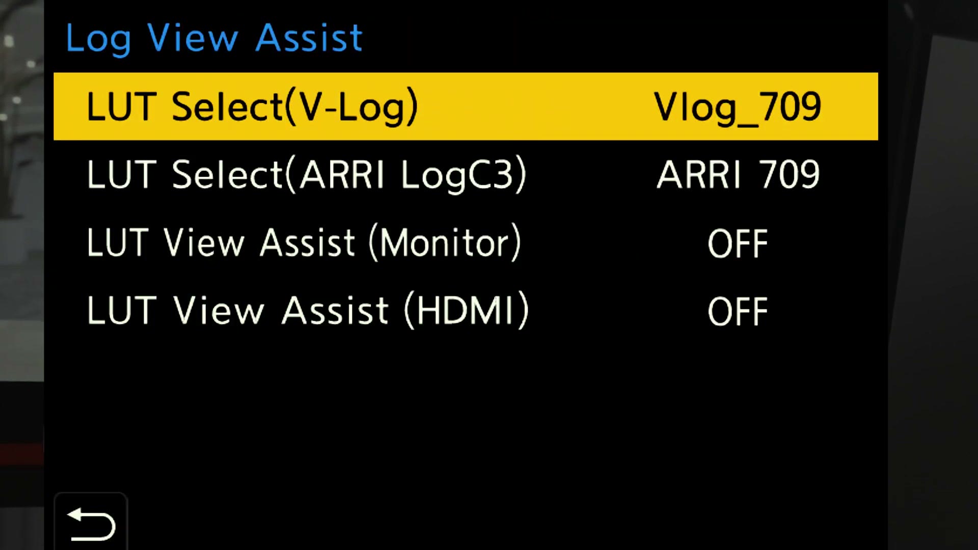 Panasonic Log View Assist menu with LUT Select V-Log set to Vlog_709