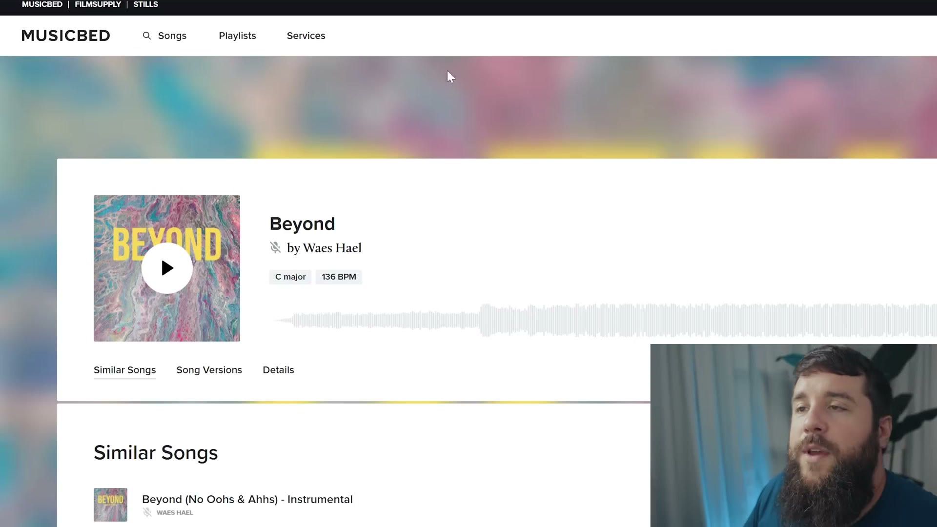 Musicbed song page showing Beyond by Waes Hael tagged C major and 136 BPM