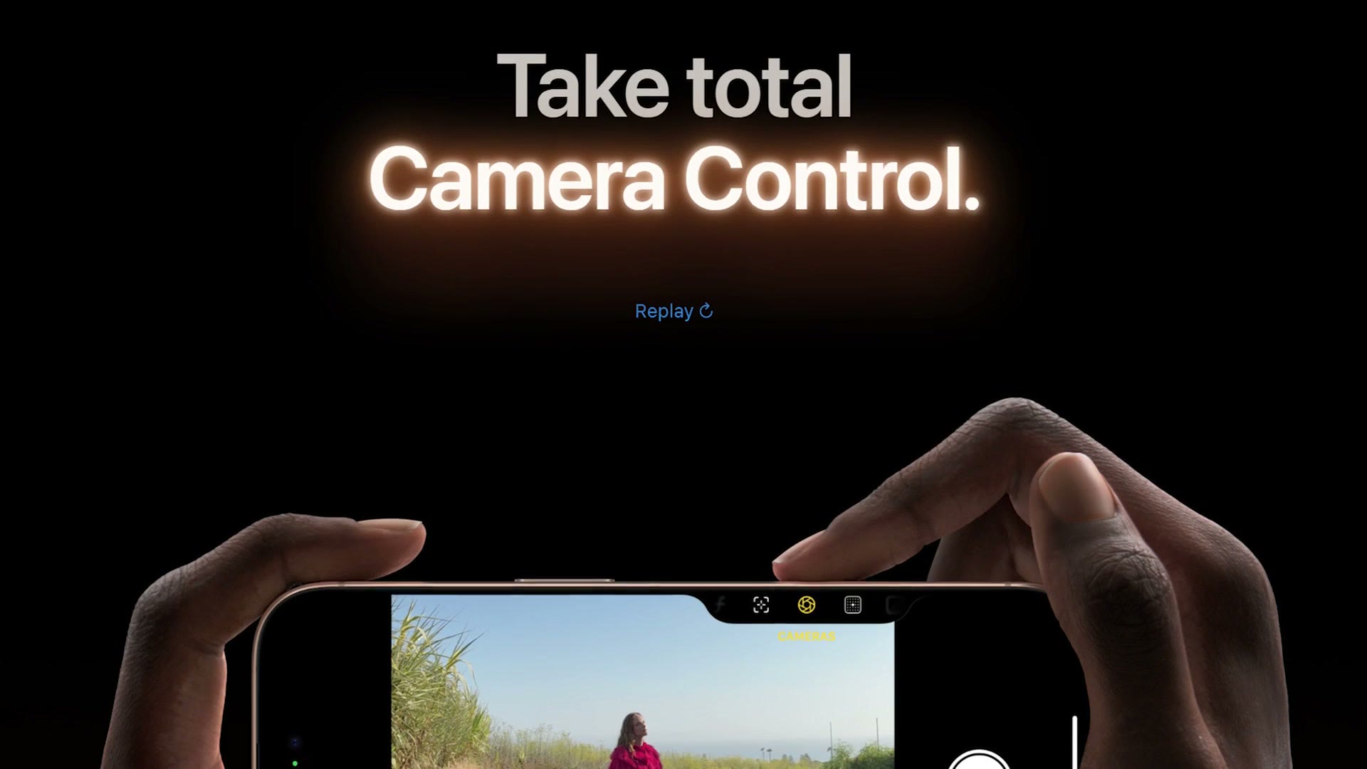 Apple Camera Control announcement page with a finger swiping the button