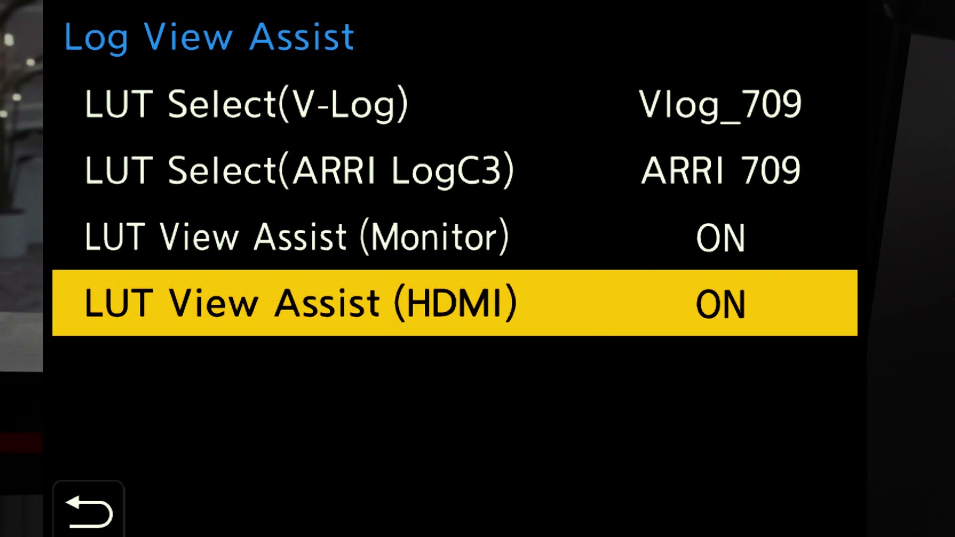 Log View Assist menu with LUT View Assist Monitor and HDMI both turned on