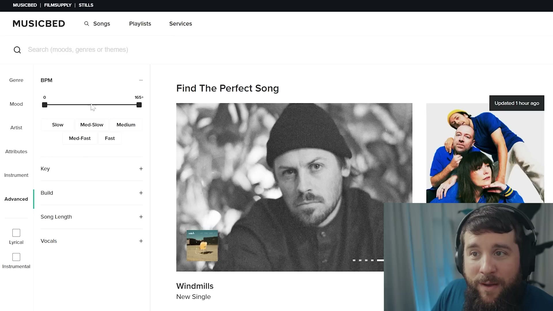 Musicbed advanced search panel with the BPM range slider