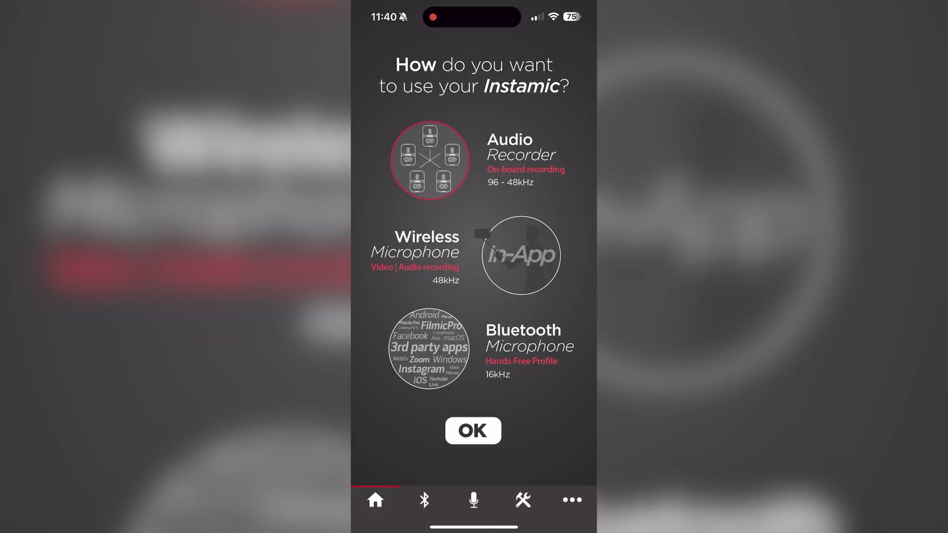 Instamic app screen asking how you want to use your Instamic