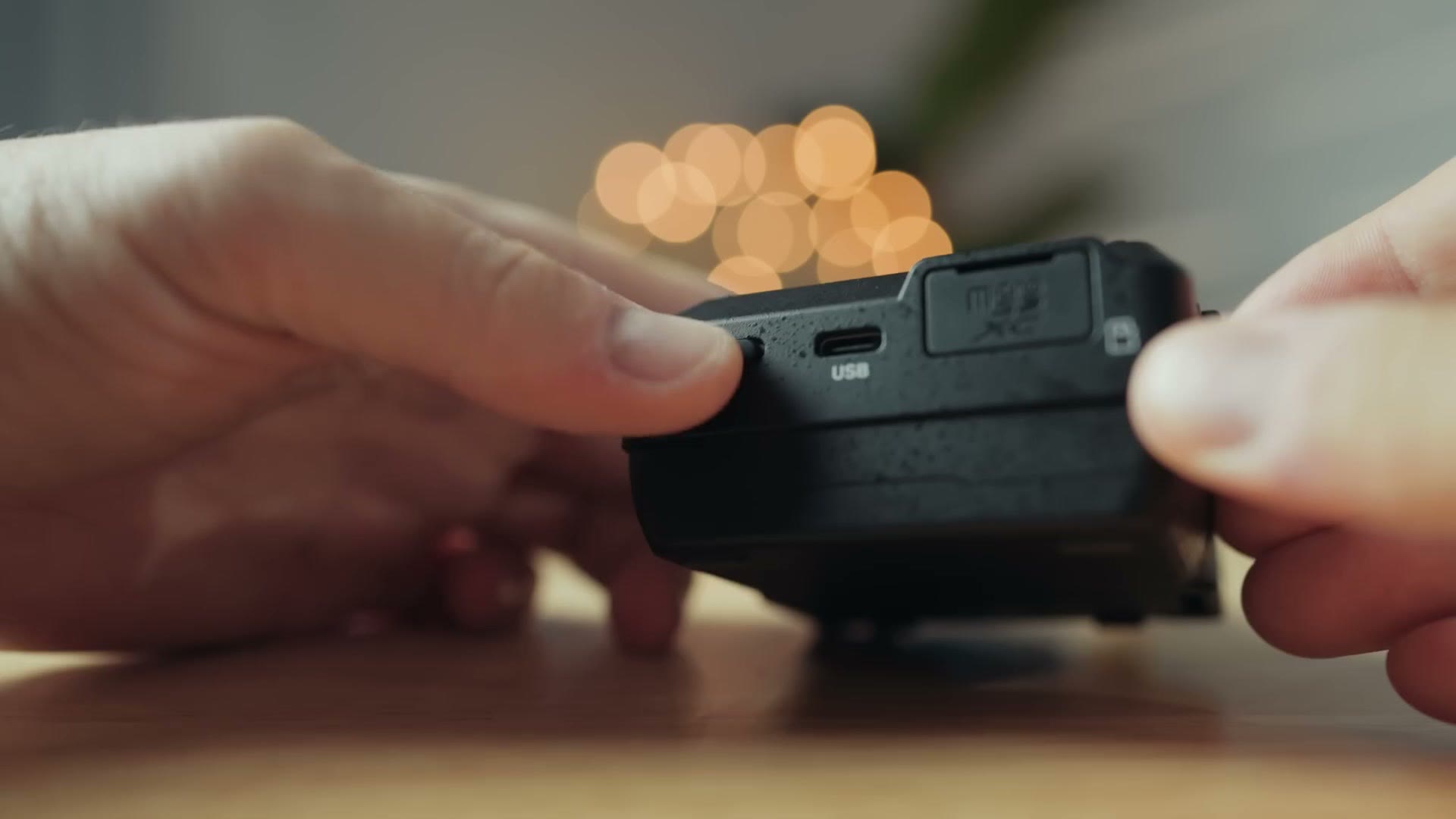 Side of the Tascam FR-AV2 showing the USB-C port and covered microSD card slot