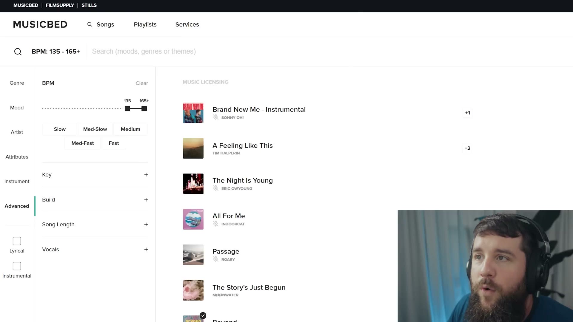 Musicbed search results filtered by beats per minute