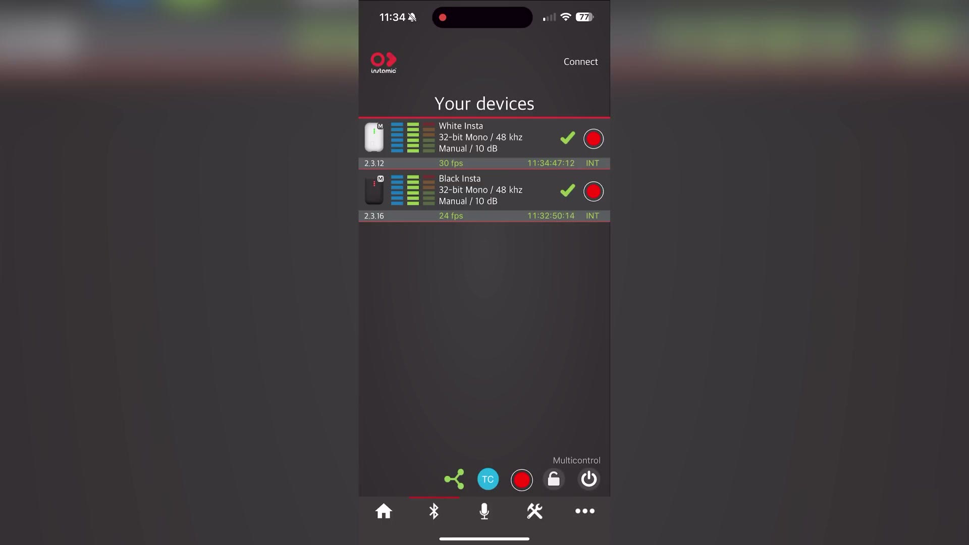 Instamic app device list showing two connected recorders