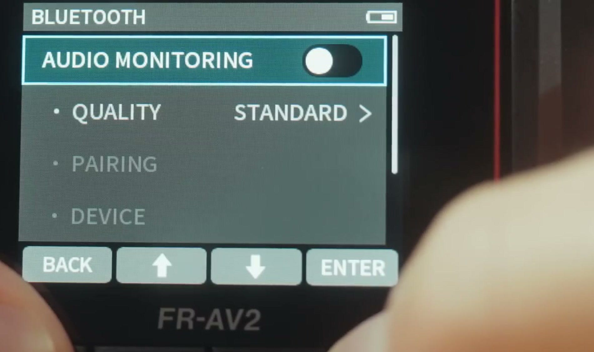 Tascam FR-AV2 Bluetooth menu with audio monitoring enabled