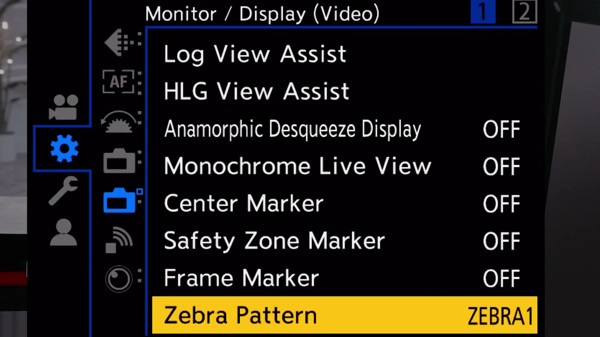 Panasonic Monitor Display Video menu with Zebra Pattern set to Zebra 1