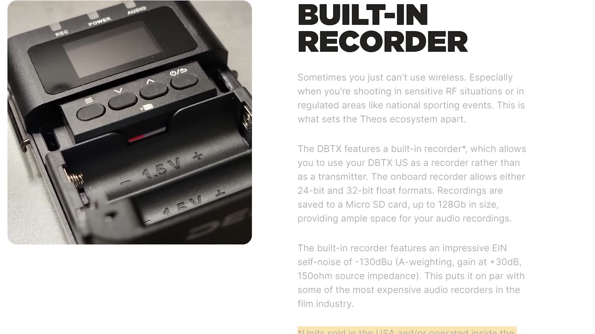 Deity Theos product page describing the built-in recorder feature