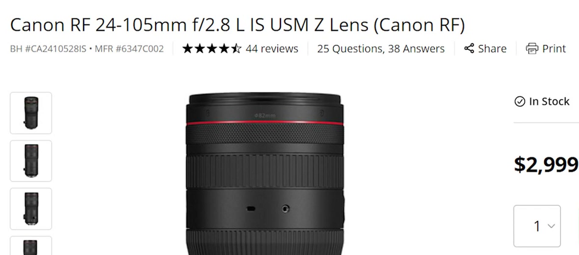 B and H product page for the Canon RF 24-105mm f2.8 L IS USM Z priced at 2999 dollars