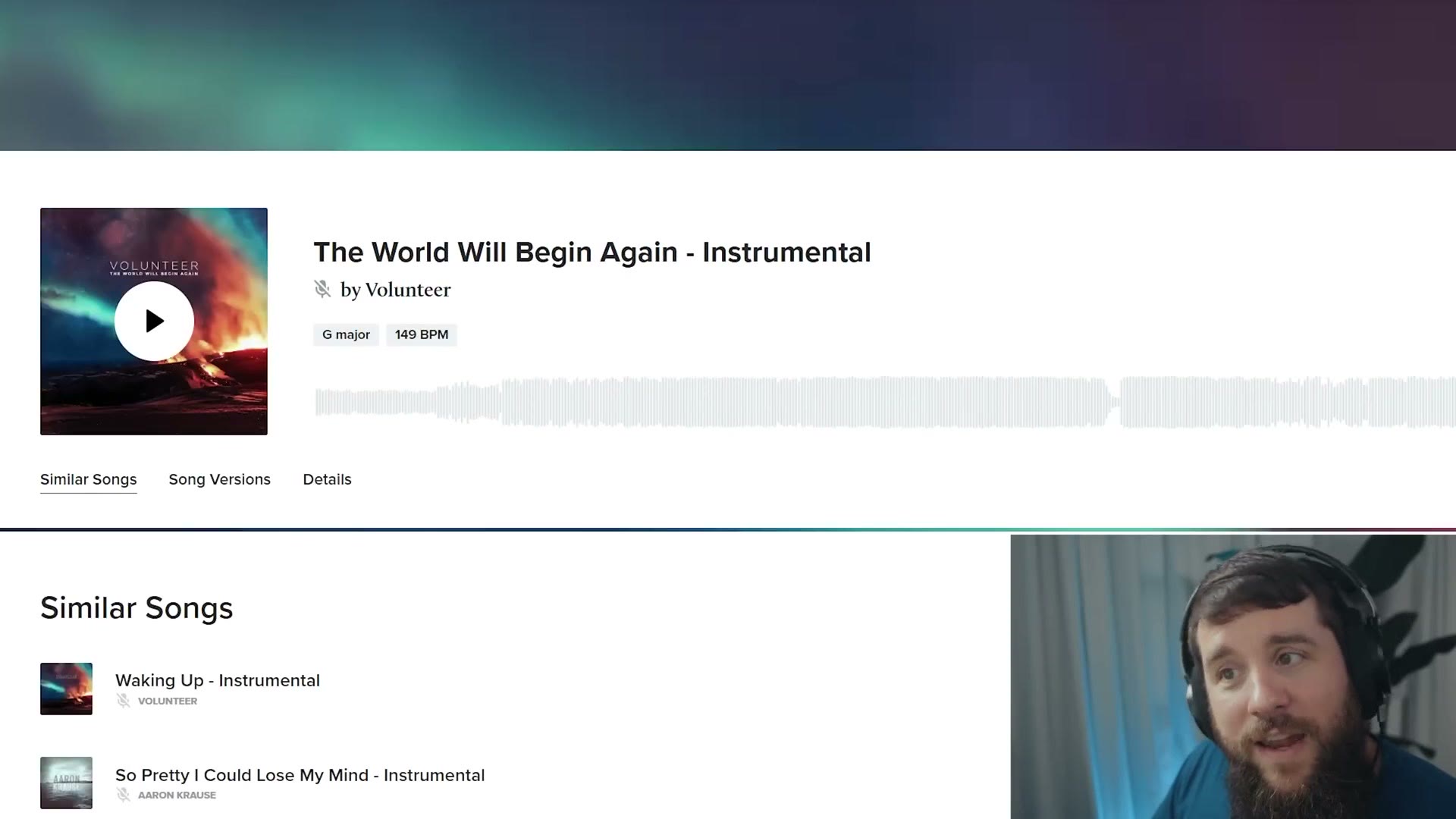 Musicbed song page for The World Will Begin Again by Volunteer at 149 BPM